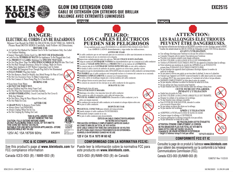 Page n°1 - Manuel utilisateur Klein Tools EXC2515
