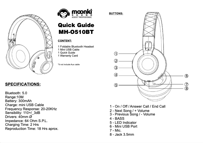 Page 1 de la notice Manuel utilisateur Moonki MH-O510BT