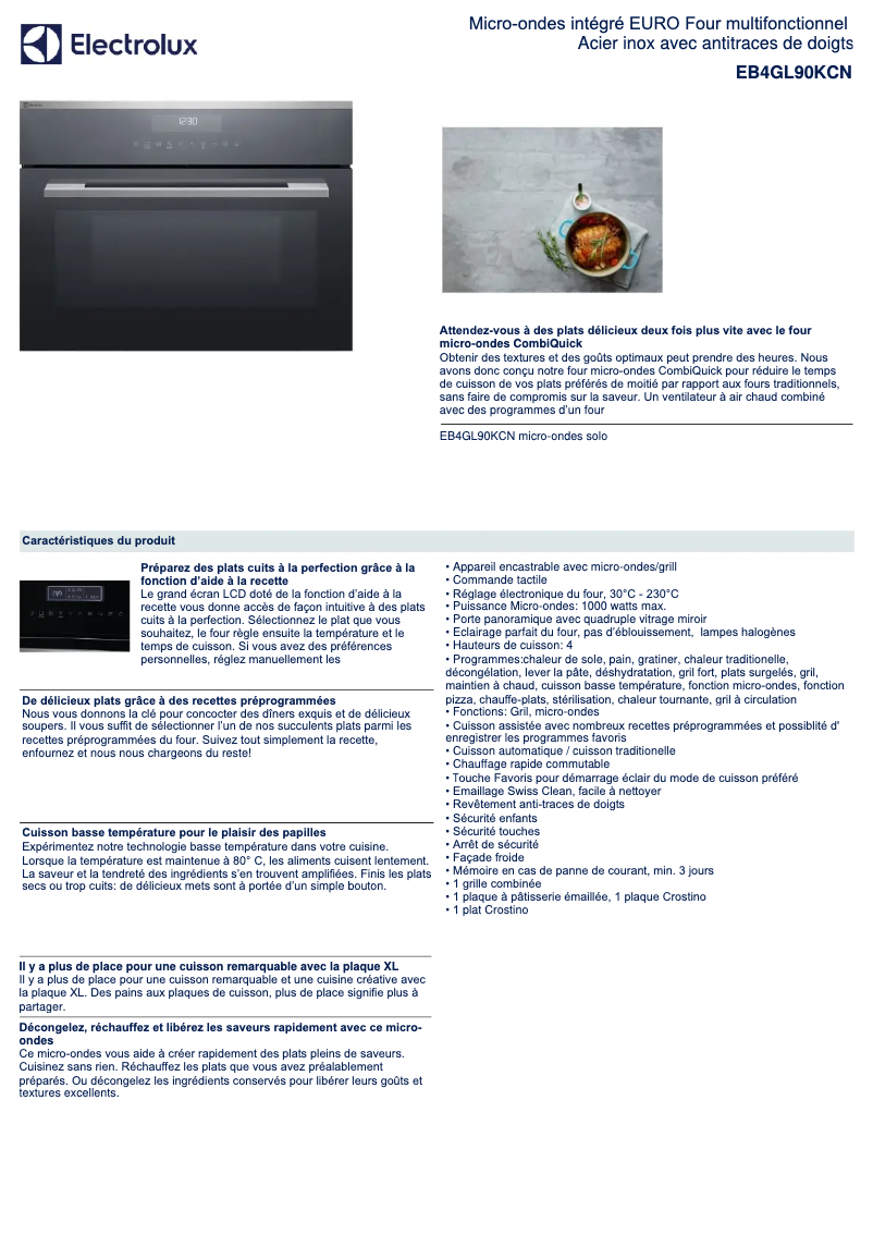Page 1 de la notice Fiche technique Electrolux EB4GL90KCN