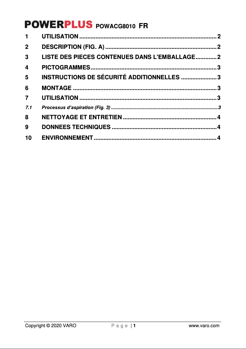 Image de la première page du manuel de l'appareil POWACG8010