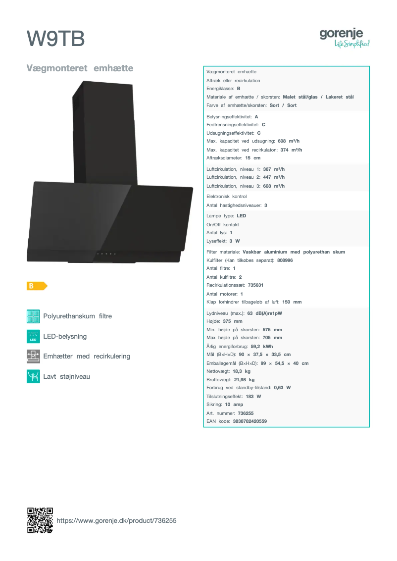 Page n°1 - Fiche technique Gorenje W9TB