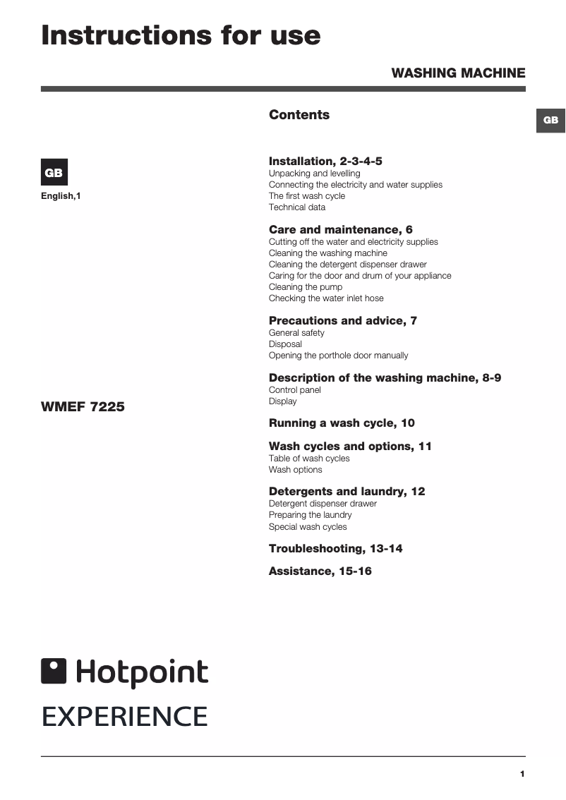 Page 1 de la notice Manuel utilisateur Hotpoint Ariston WMEF 7225