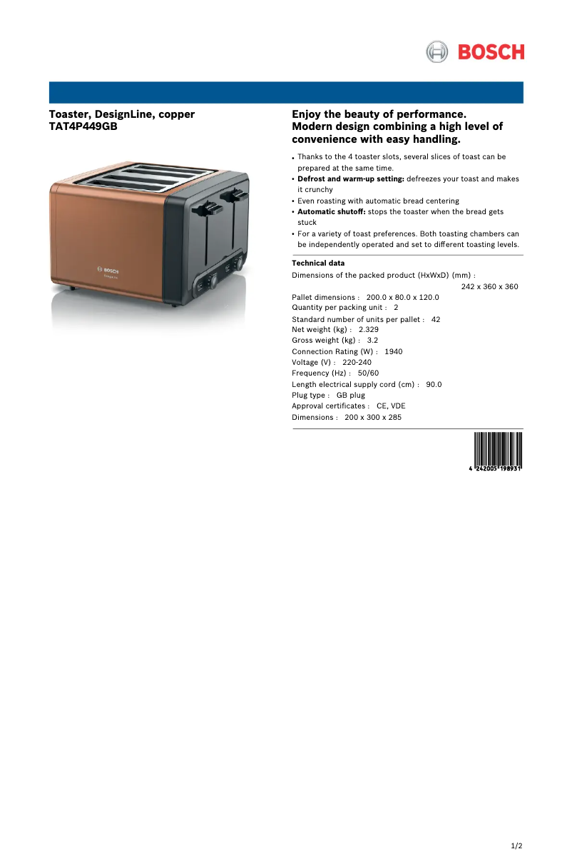 Page 1 de la notice Fiche technique Bosch TAT4P449GB