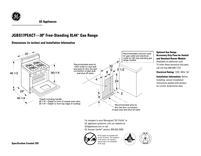Page 1 de la notice Fiche technique GE JGBS17PEACT