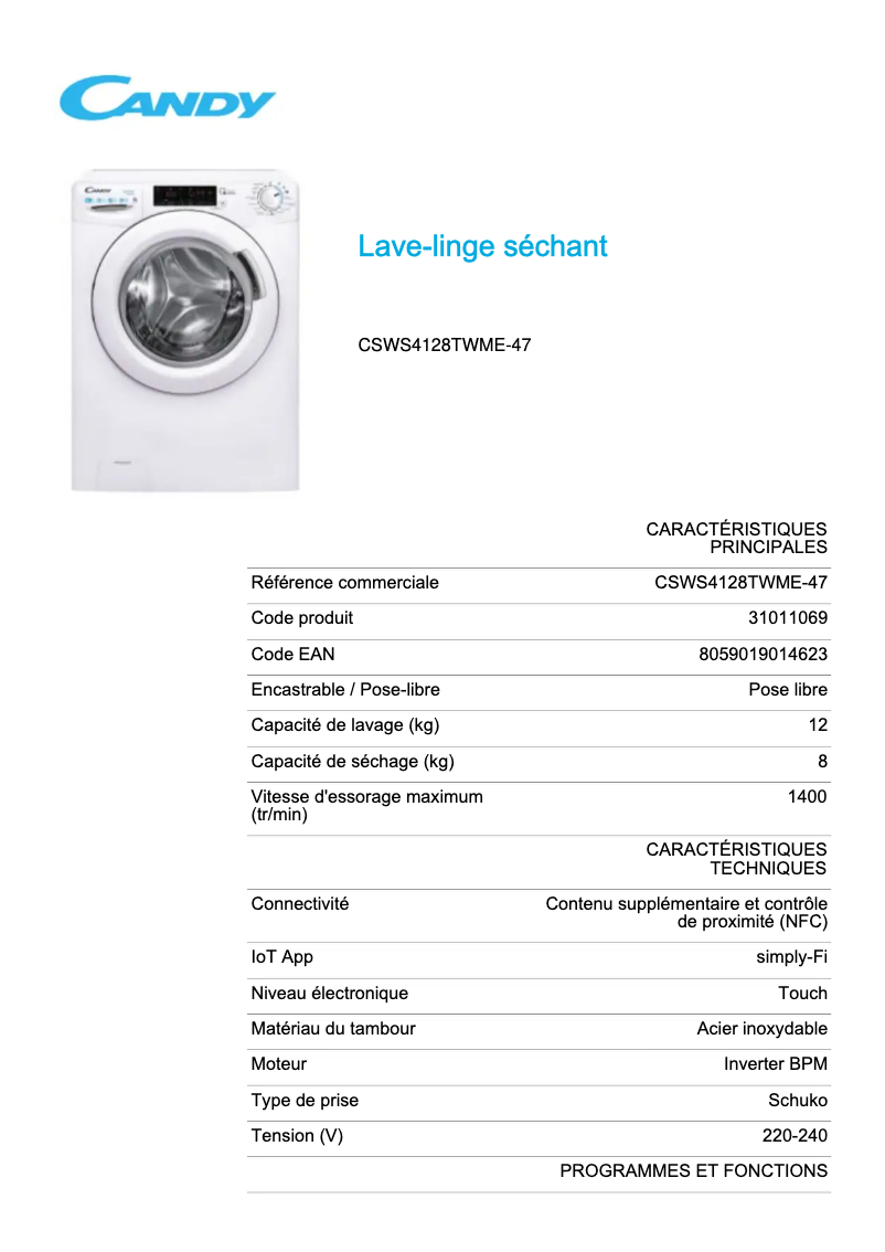 Image de la première page du manuel de l'appareil CSWS4128TWME-47