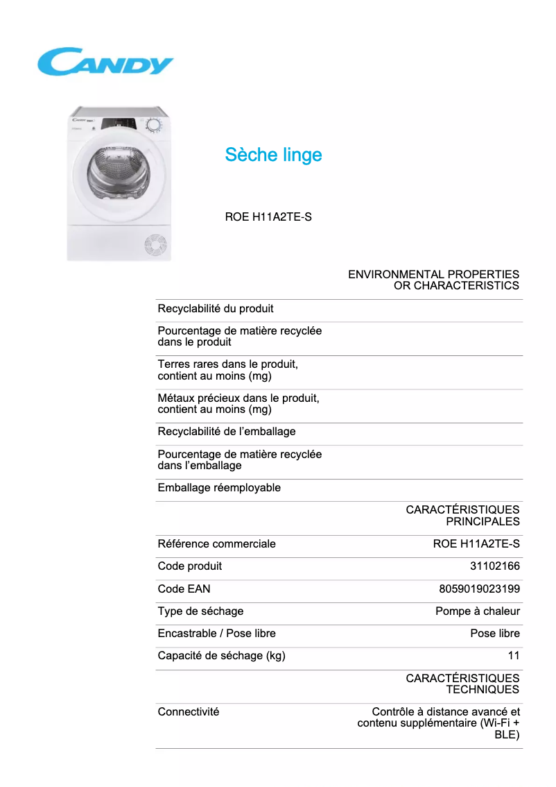 Page 1 de la notice Fiche technique Candy ROE H11A2TE-S