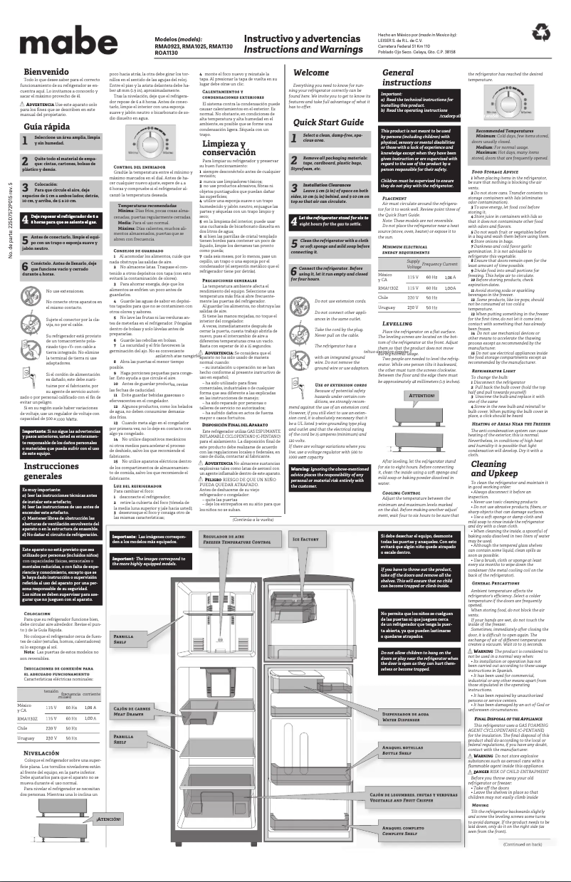 Page n°1 - Manuel utilisateur Mabe RMA1025YMFX0