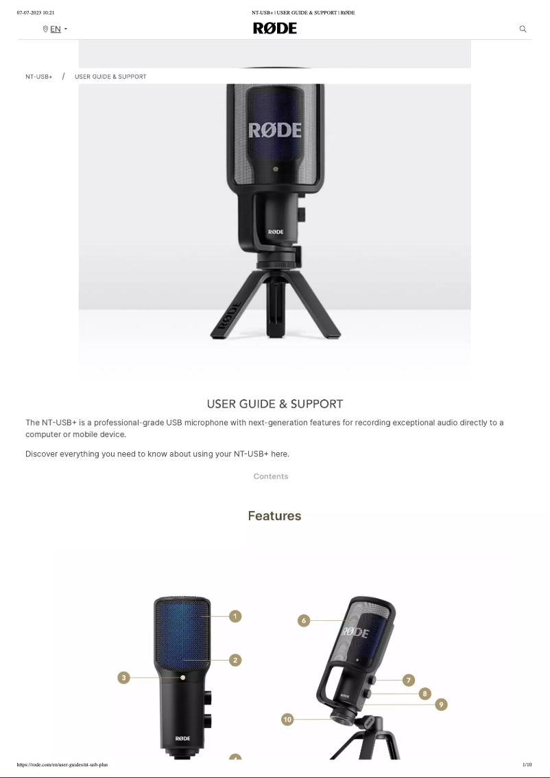 Page 1 de la notice Manuel utilisateur Røde NT-USB+