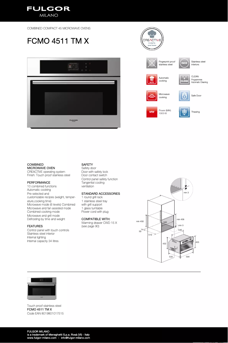 Page 1 de la notice Fiche technique Fulgor Milano FCMO 4511 TM
