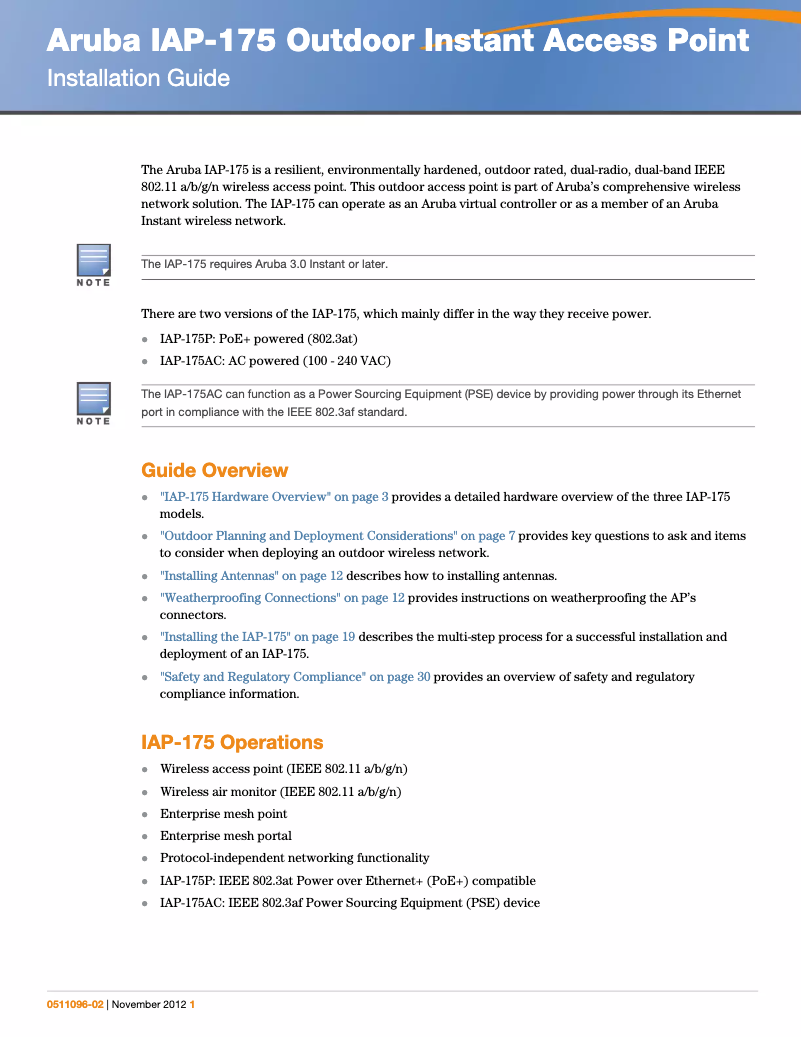 Page n°1 - Manuel utilisateur Aruba Instant IAP-175P