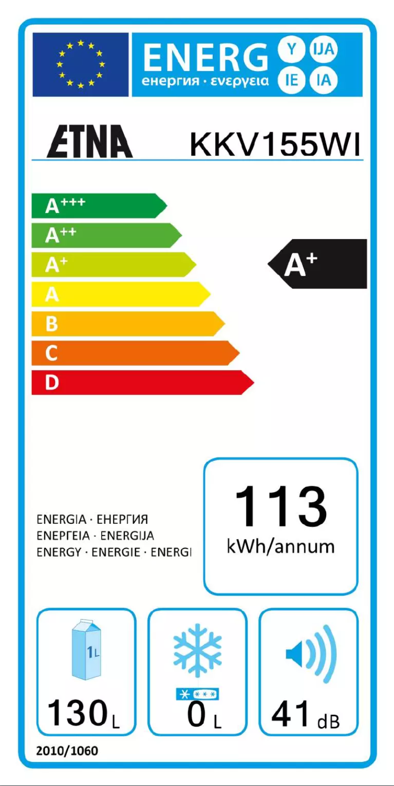 Page 1 de la notice Label énergétique Etna KKV155WIT