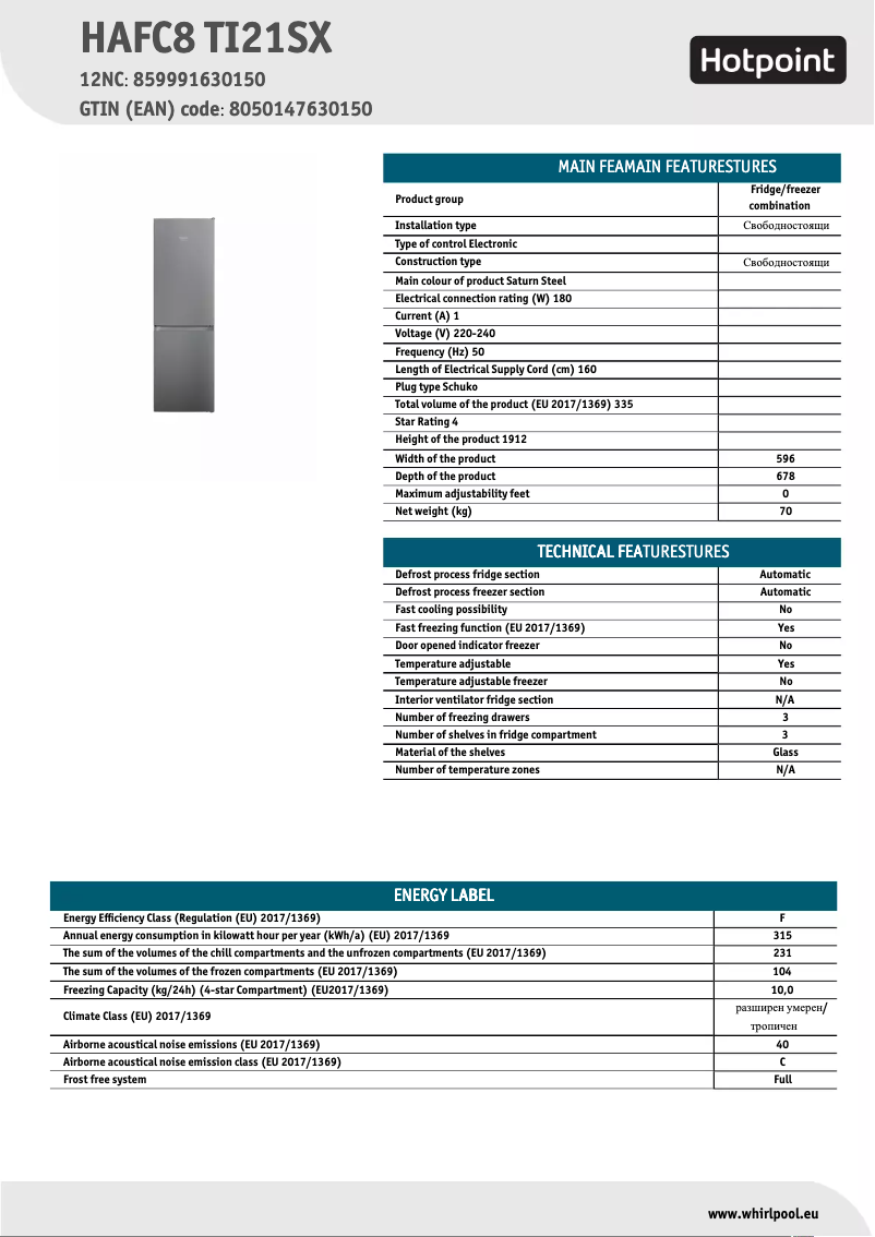Página 1 del manual Ficha técnica Hotpoint HAFC8 TI21SX