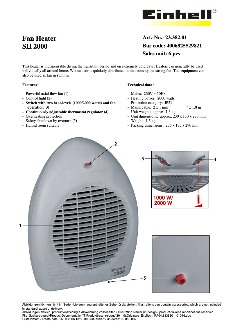 Page n°1 - Manuel utilisateur Einhell SH 2000