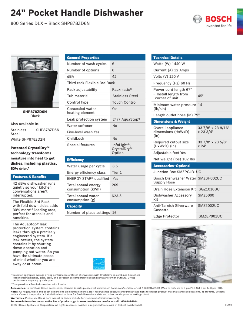 Page 1 de la notice Fiche technique Bosch SHP878ZD6N