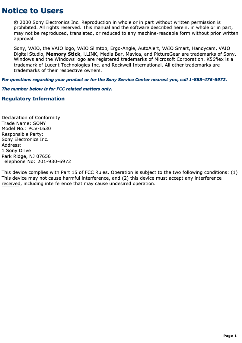Página 1 del manual Manual de usuario Sony Vaio PCV-L630