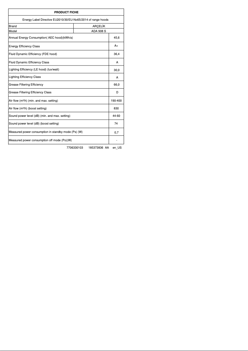 Page 1 de la notice Fiche technique Arçelik ADA 908 S