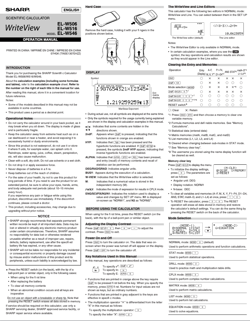 Page n°1 - Manuel utilisateur Sharp EL-W516XBSL