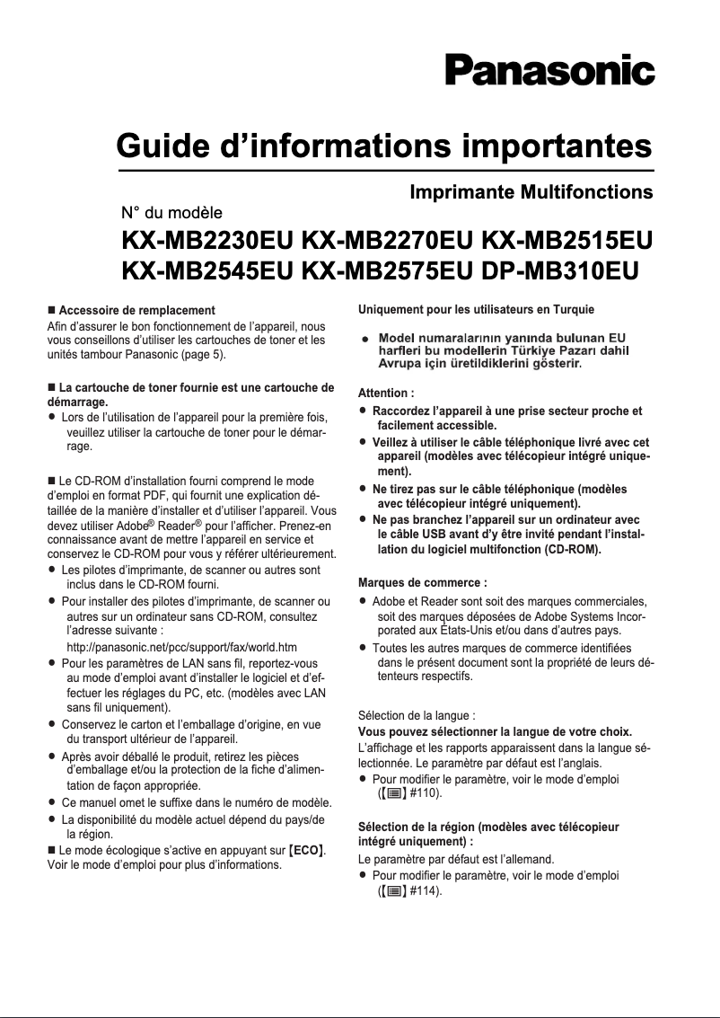 Page 1 de la notice Manuel utilisateur Panasonic KX-MB2270