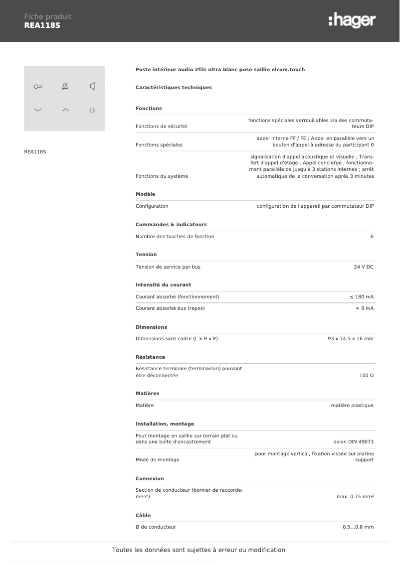 Page n°1 - Fiche technique Elcom REA118S