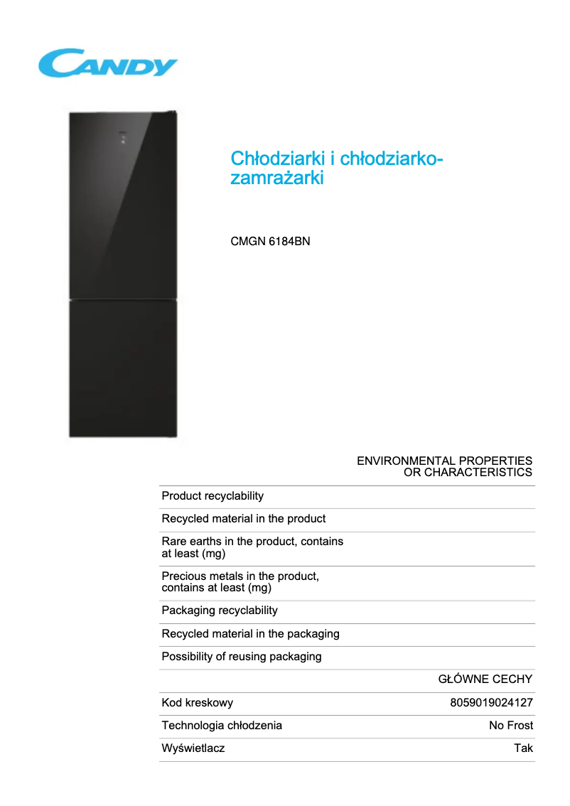 Page 1 de la notice Fiche technique Candy CMGN 6184BN