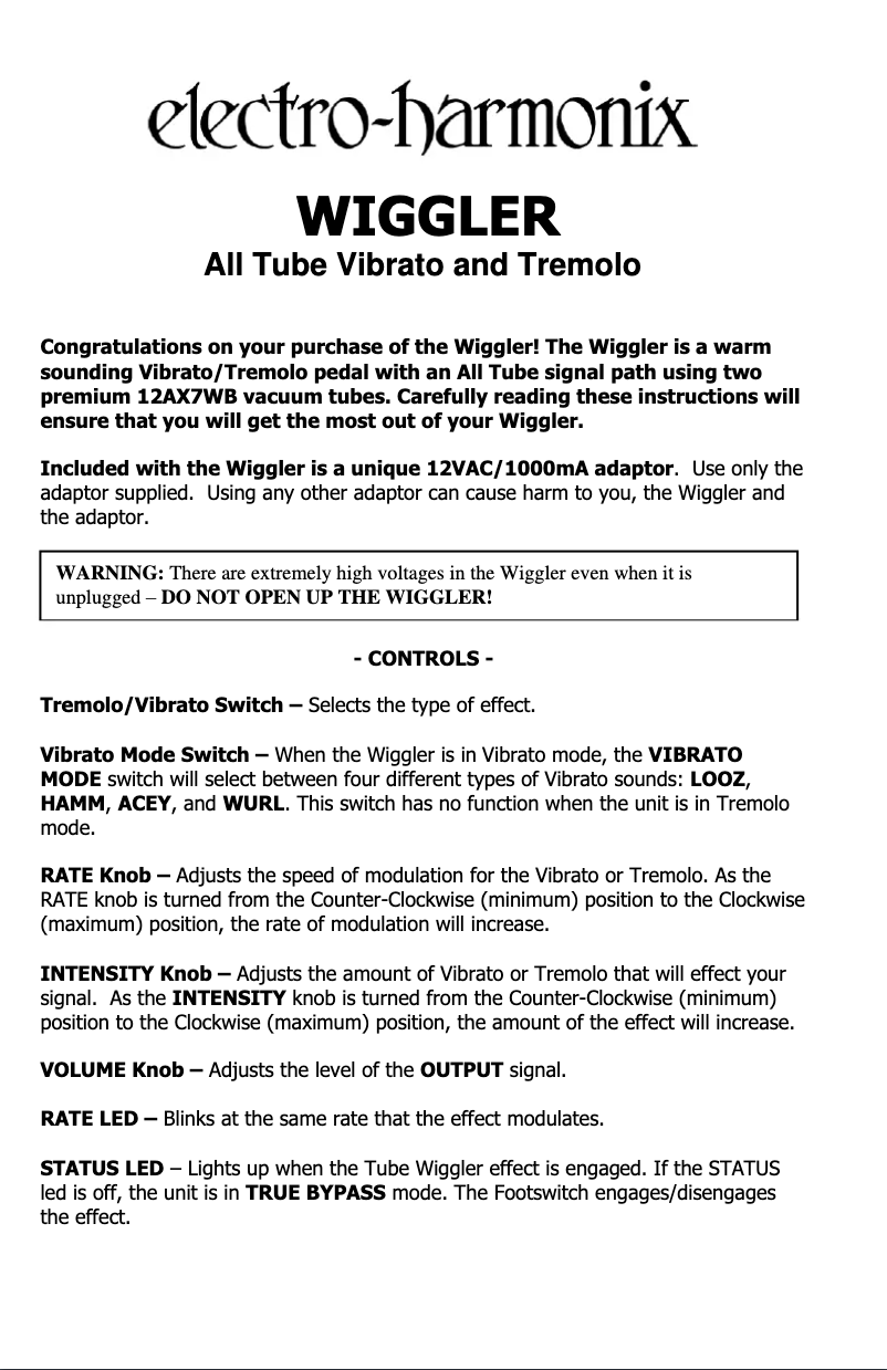Page 1 of the manual User Manual Electro Harmonix Wiggler