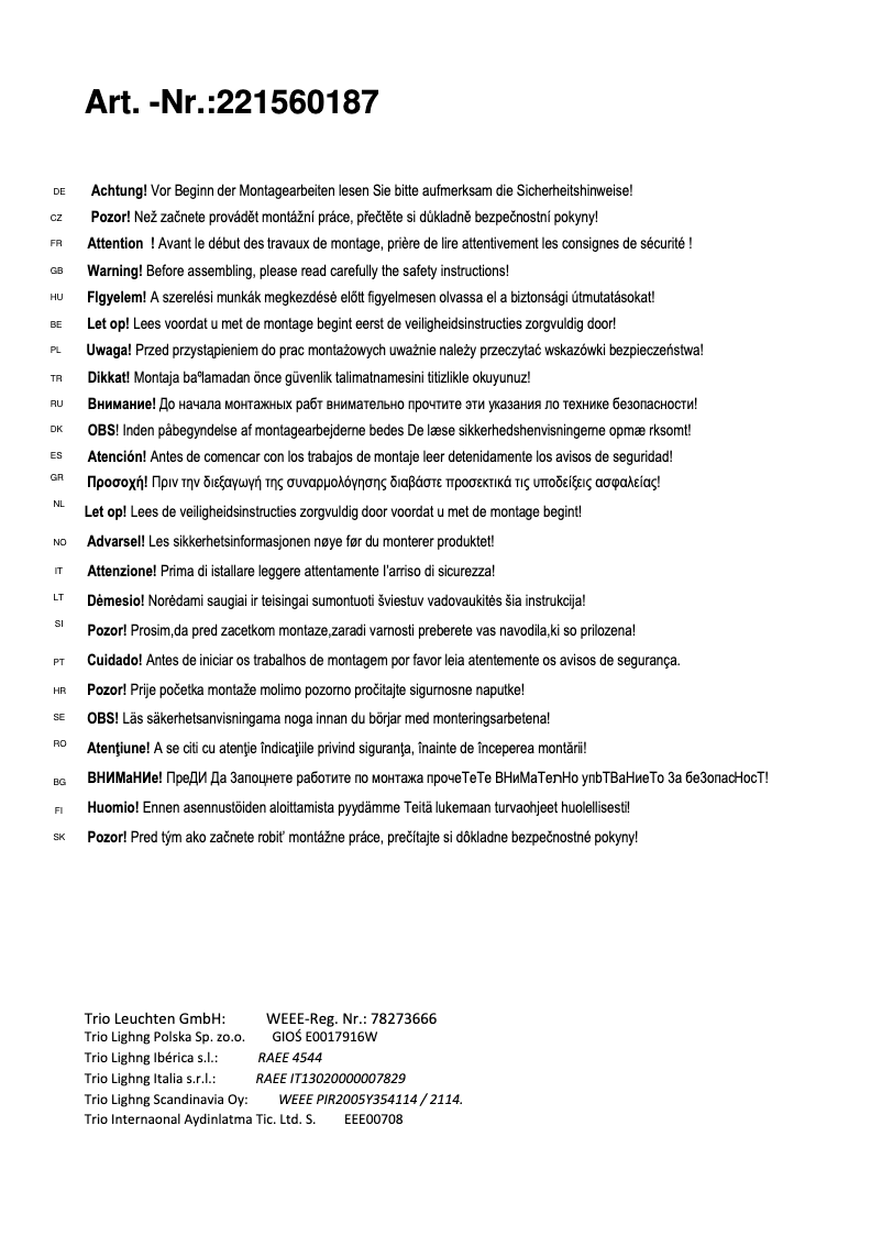 Page 1 de la notice Manuel utilisateur Trio Lighting Cubango 221560187