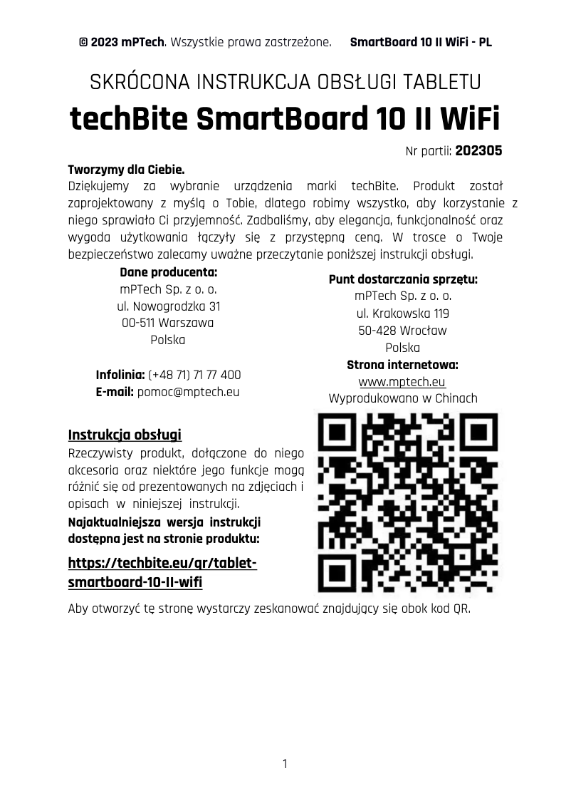 Page n°1 - Manuel utilisateur TechBite SmartBoard 10 II WiFi