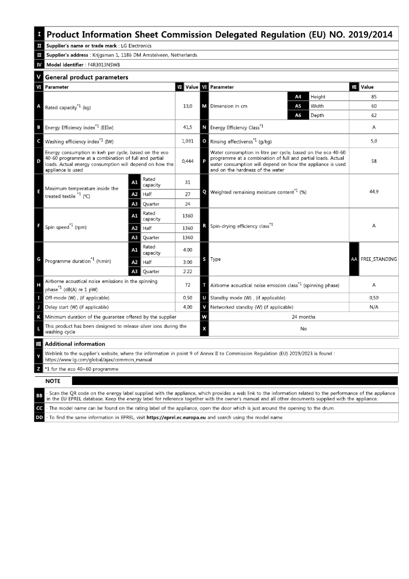 Page n°1 - Manuel utilisateur LG F4R3013NSWB