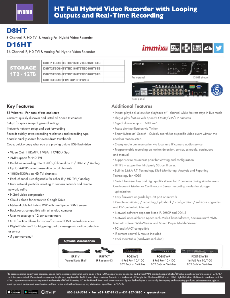 Page 1 de la notice Fiche technique Speco Technologies D16HT