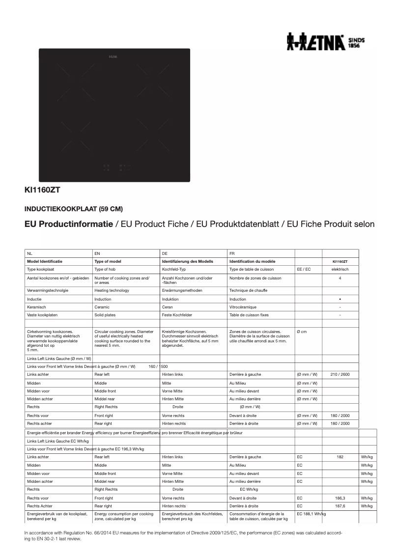 Page 1 de la notice Fiche technique Etna KI1160ZT