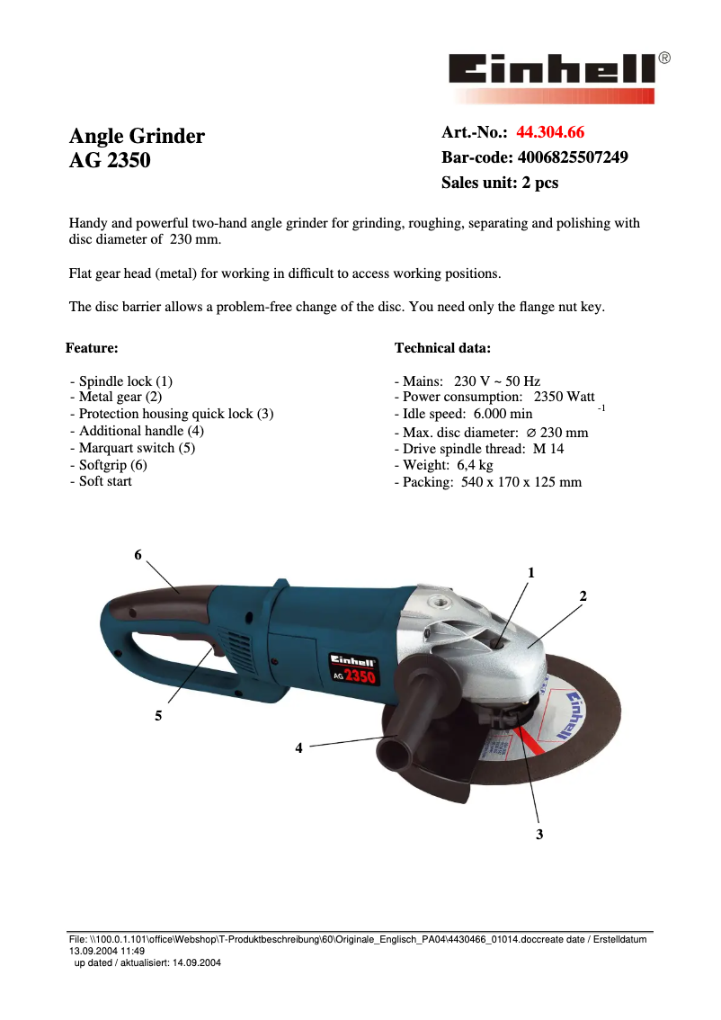 Página 1 del manual Ficha técnica Einhell AG 2350