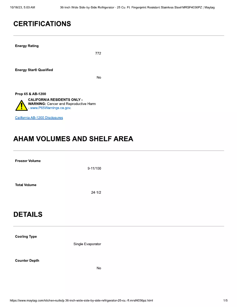 Page 1 de la notice Fiche technique Maytag MRSF4036PZ