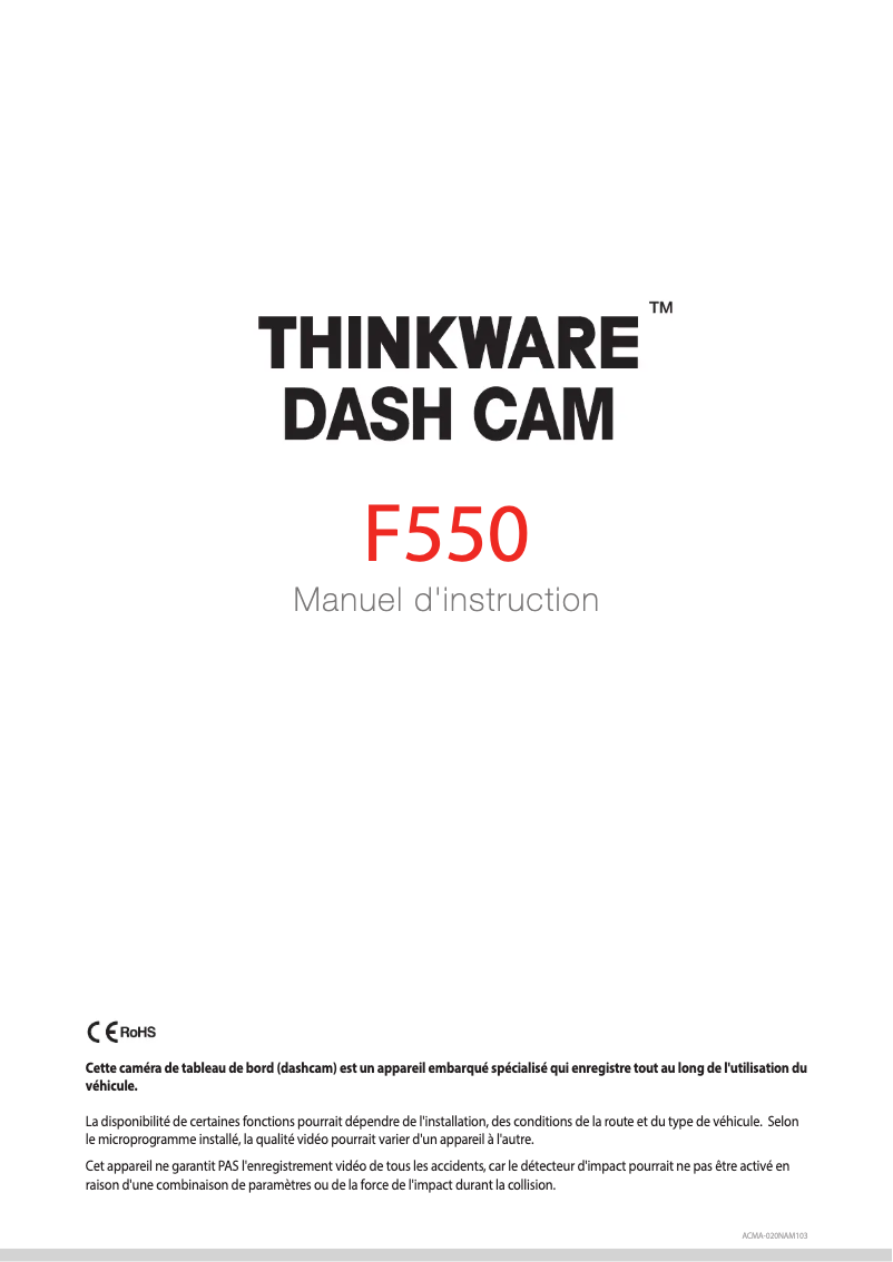 Page 1 de la notice Manuel utilisateur Thinkware F550