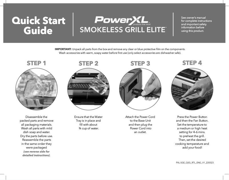 Page 1 de la notice Guide de démarrage rapide PowerXL Smokeless Grill Elite SMG-01