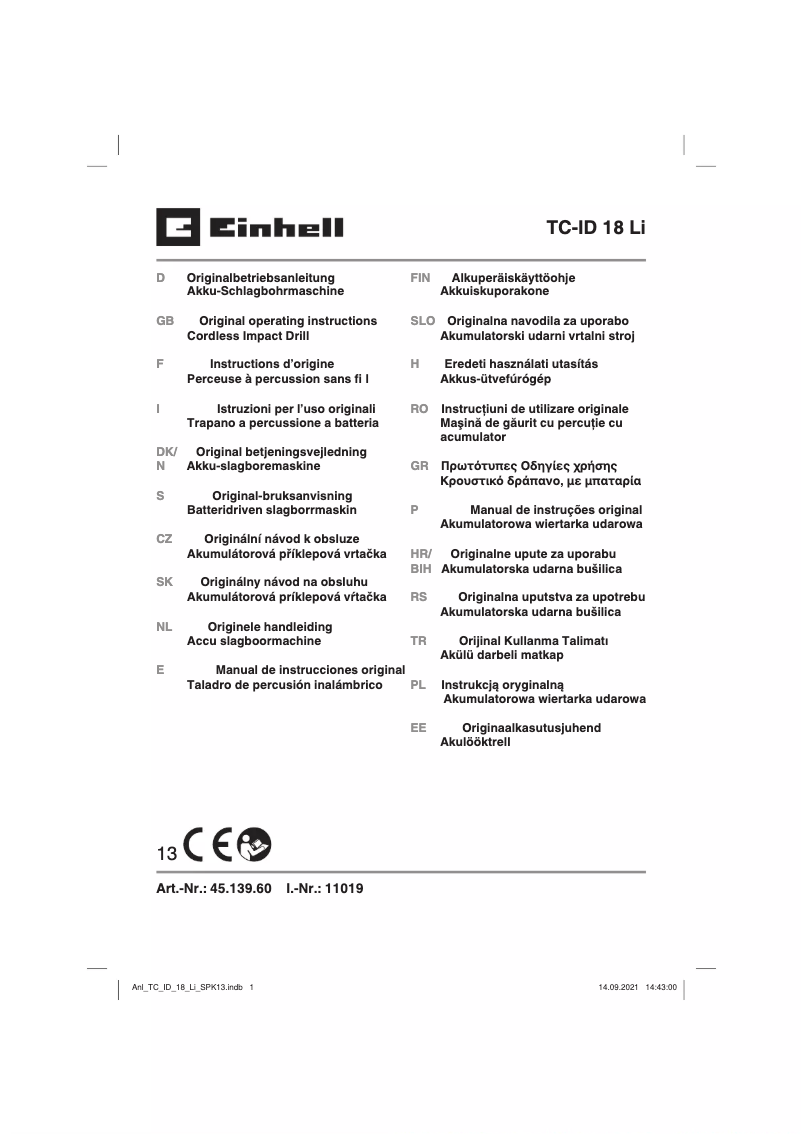 Page 1 de la notice Manuel utilisateur Einhell TC-ID 18 Li