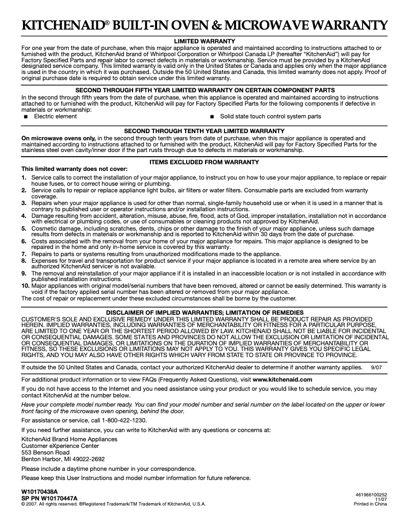 Page 1 de la notice Informations de garantie KitchenAid KHHC2090SSS