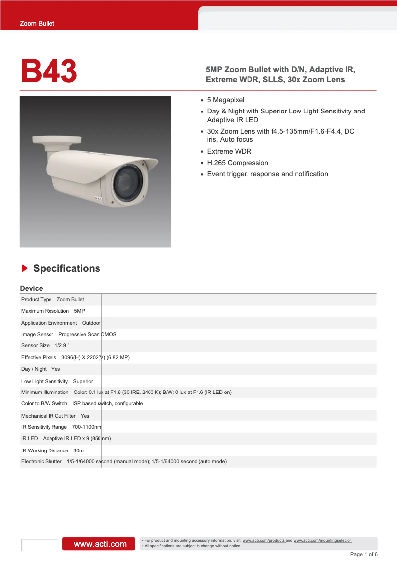 Page n°1 - Fiche technique ACTi B43