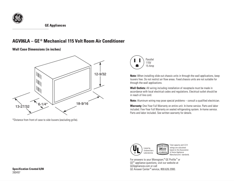 Page n°1 - Fiche technique GE AGV06LA