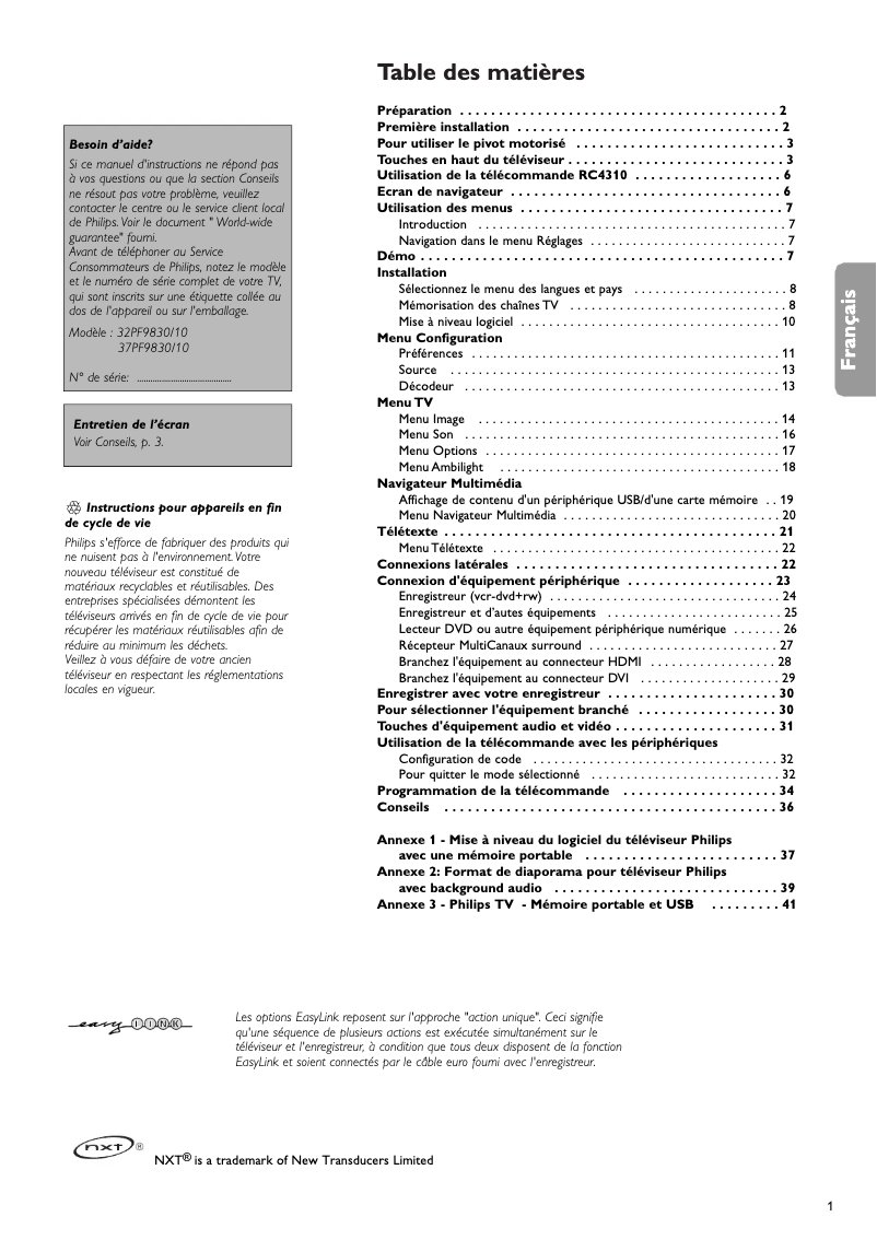Page 1 de la notice Manuel utilisateur Philips Cineos 32PF9830