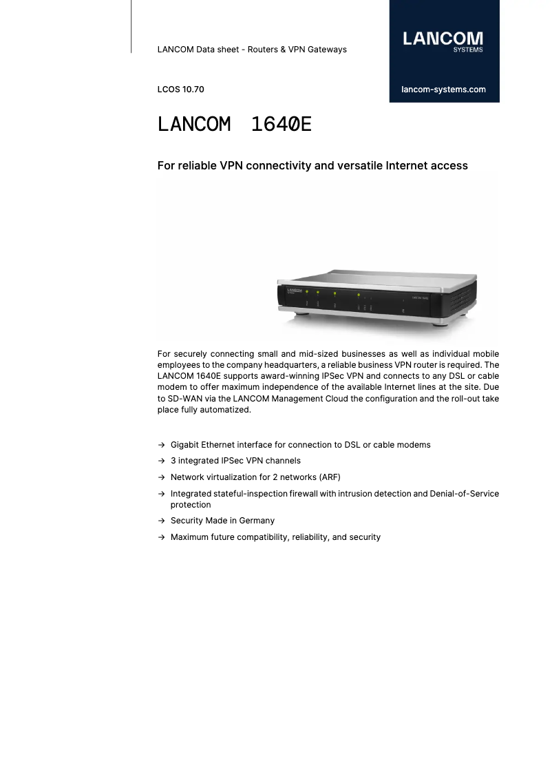 Page 1 de la notice Fiche technique Lancom 1640E