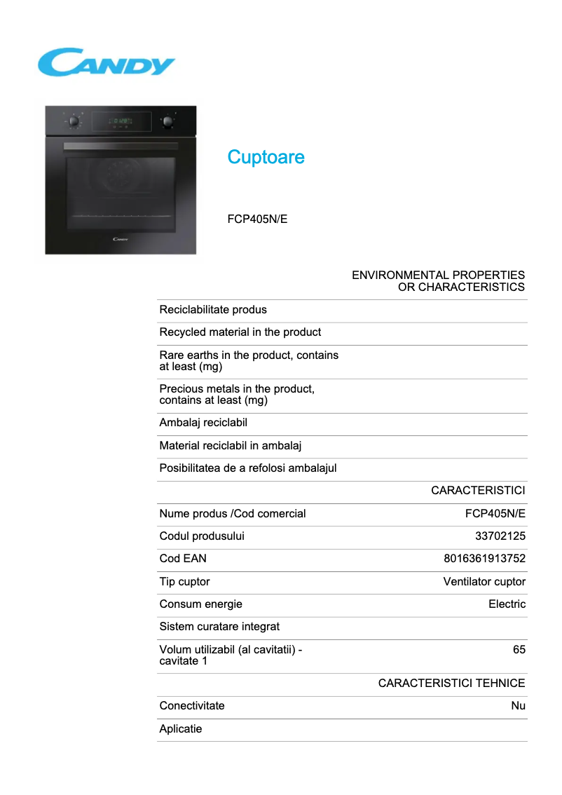 Page 1 de la notice Fiche technique Candy FCP405N/E