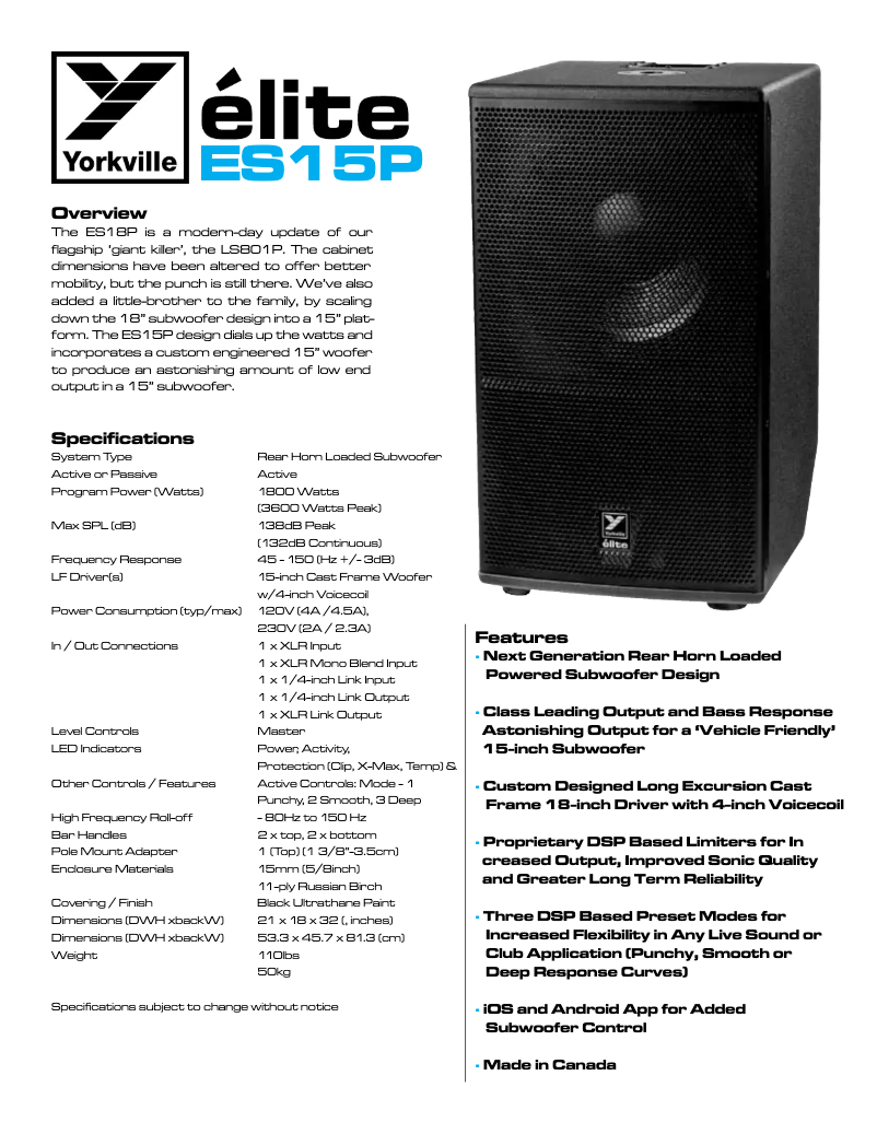 Page 1 de la notice Fiche technique Yorkville Elite ES15P