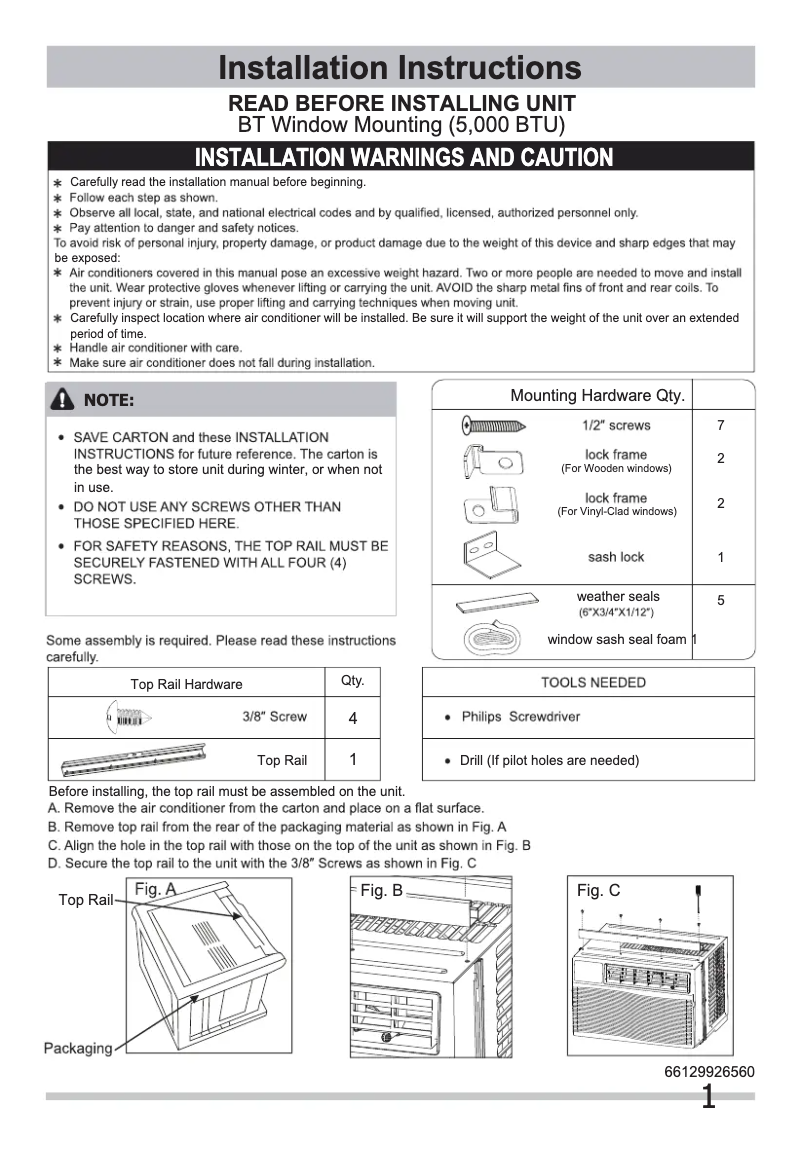 Page n°1 - Guide d'installation Frigidaire FFRA0511UE