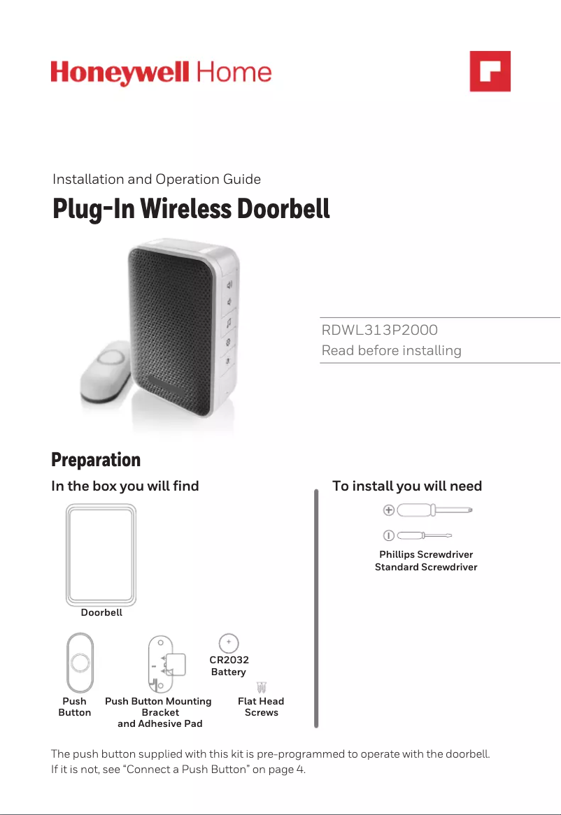Page 1 de la notice Guide d'installation Honeywell RDWL313P2000