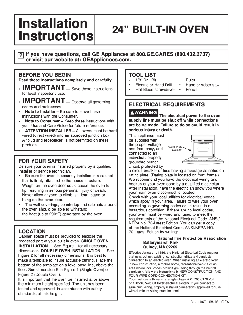 Page 1 de la notice Guide d'installation GE JRP20BJBB