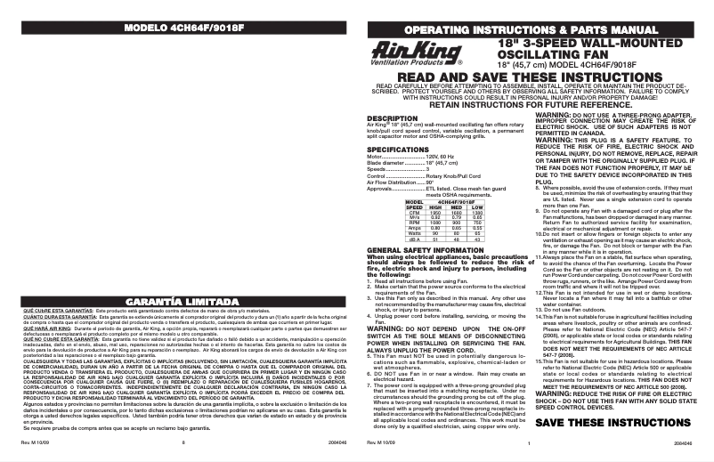 Page 1 de la notice Guide d'installation Air King 9018