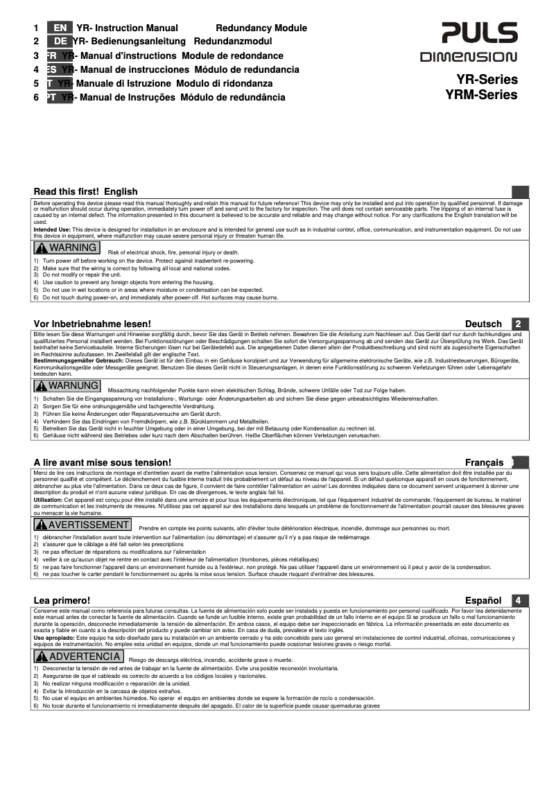 Page n°1 - Manuel utilisateur Puls Dimension YR80.242
