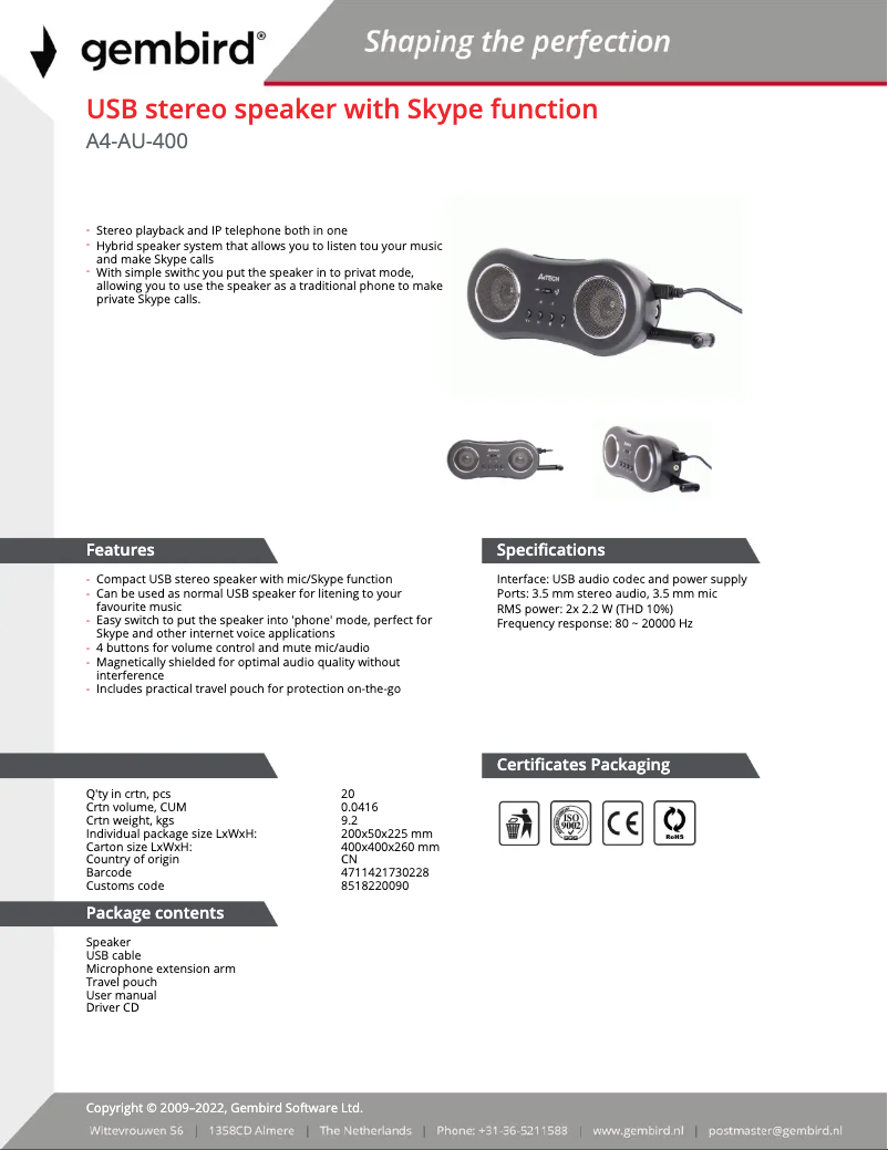 Page n°1 - Manuel utilisateur Gembird A4-AU-400