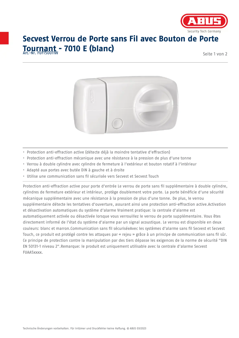 Page n°1 - Fiche technique Abus FUFT50011W