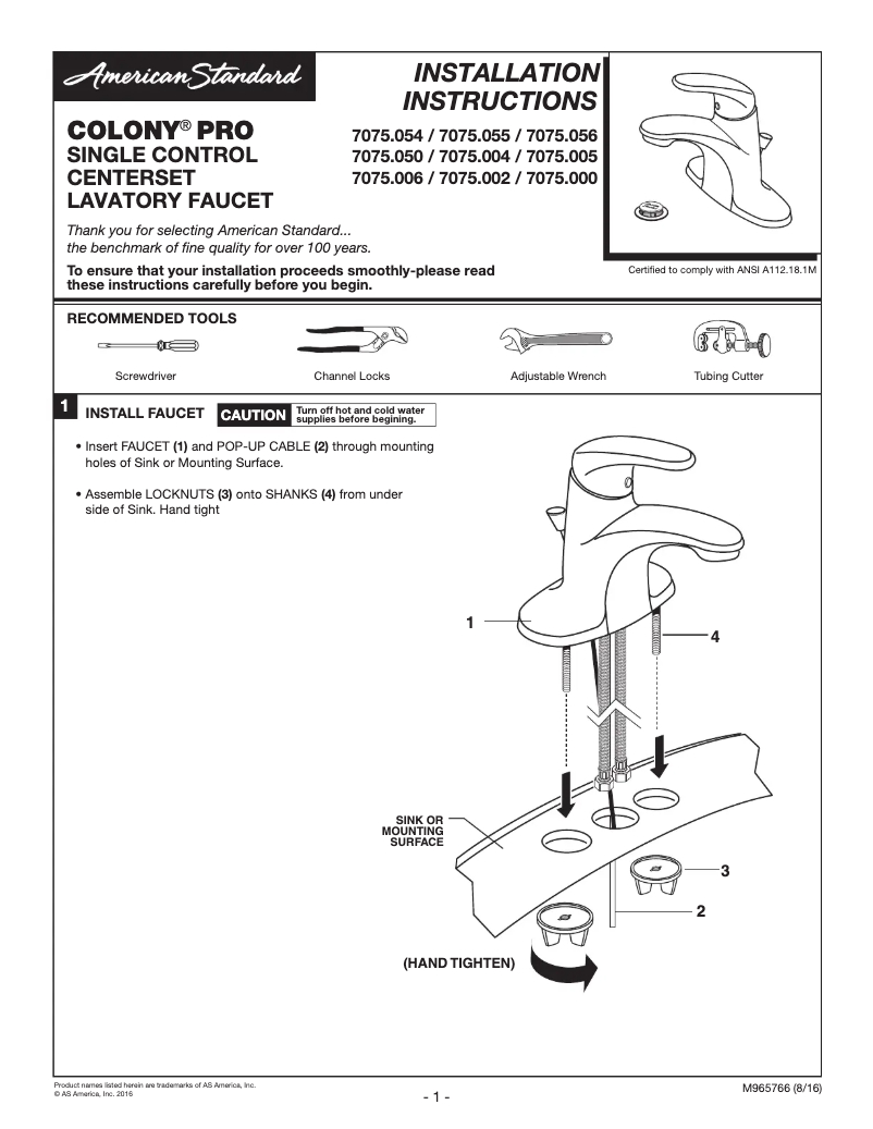 Page n°1 - Manuel utilisateur American Standard Colony Pro 7075.002.002